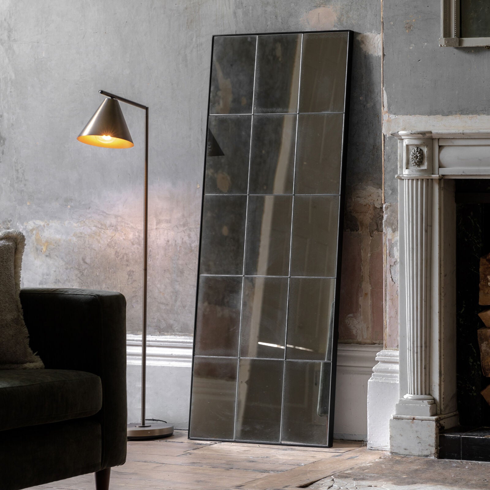Baxter full length antiqued wall mirror with large rectangular mirrored panes in a structural metal outer frame | malletandplane.com