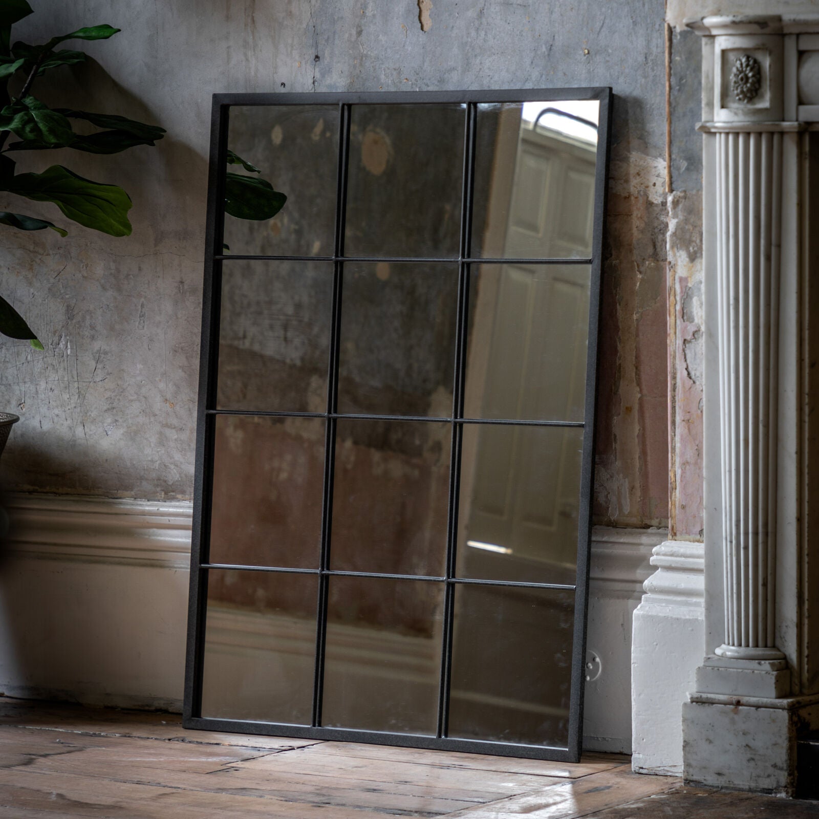 Bermondsey 12 pane industrial style large mirror with black frame | malletandplane.com