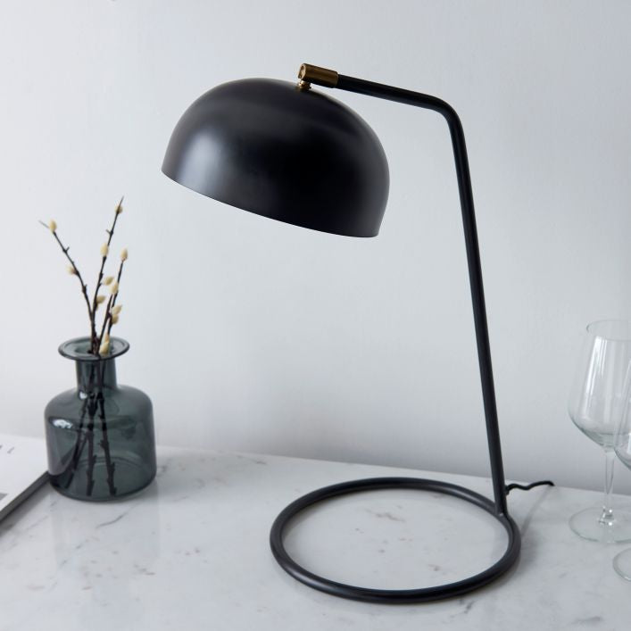 Brody table lamp in matt black with antique brass shade interior | malletandplane.com