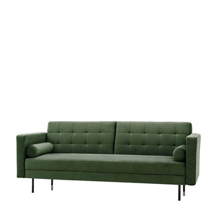 Greg click clack sofa bed with bolster cushions in Grey or Bottle Green fabric upholstery | malletandplane.com