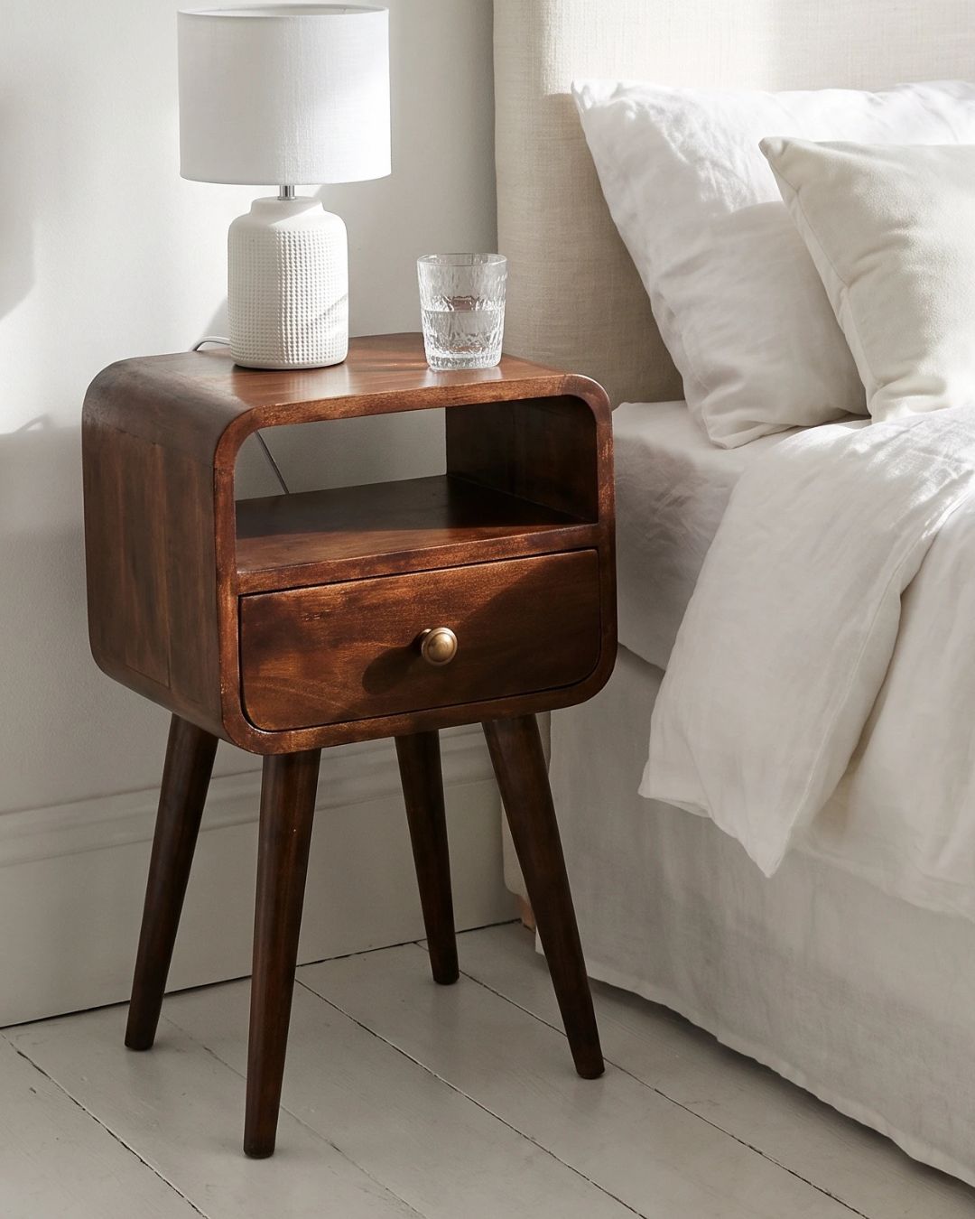 Mini California 30cm Walnut Curved Bedside Table – 1 Drawer & Open Shelf