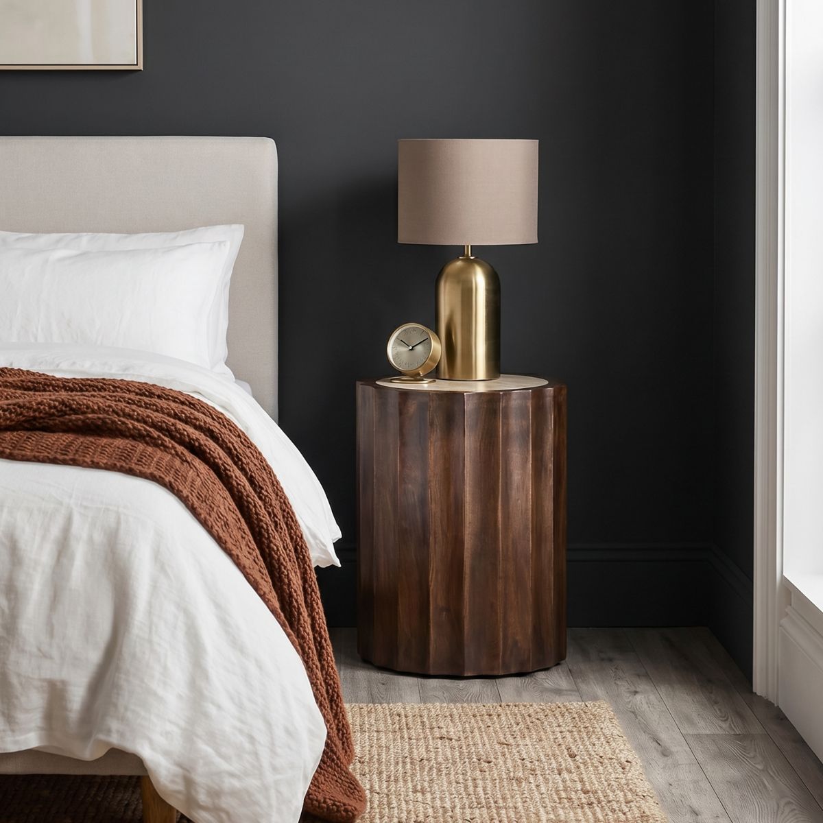 Cascia Round Dark Carved Mango Wood Bedside Table with Travertine Top – 40cm