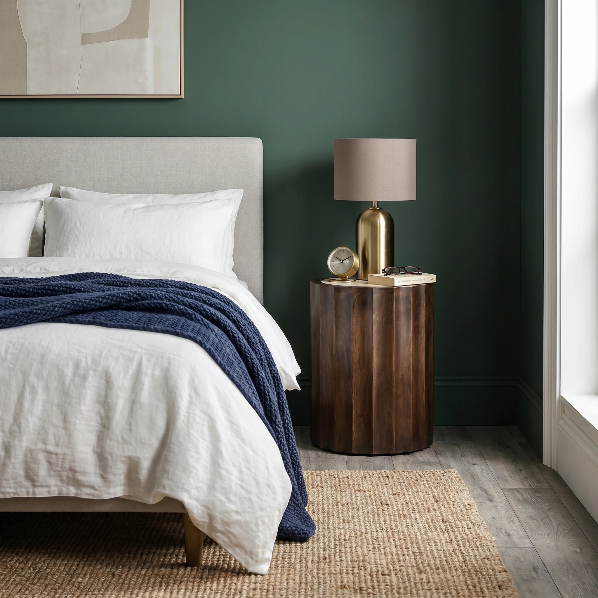 Cascia Round Dark Carved Mango Wood Bedside Table with Travertine Top – 40cm