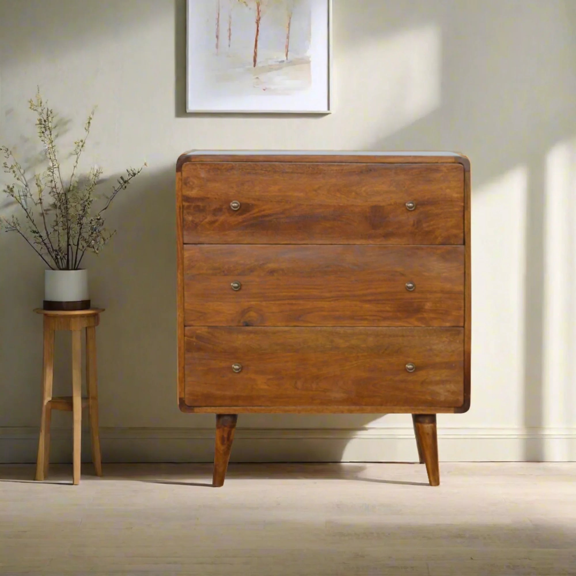 Century handmade solid wood 3 drawer chest of drawers in deep chestnut finish | malletandplane.com