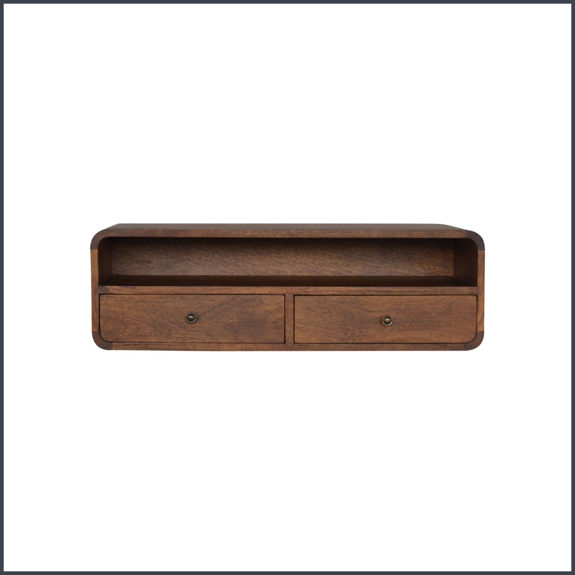 Century handmade solid wood wall mounted console table with 2 drawers and open shelf in deep chestnut finish | malletandplane.com
