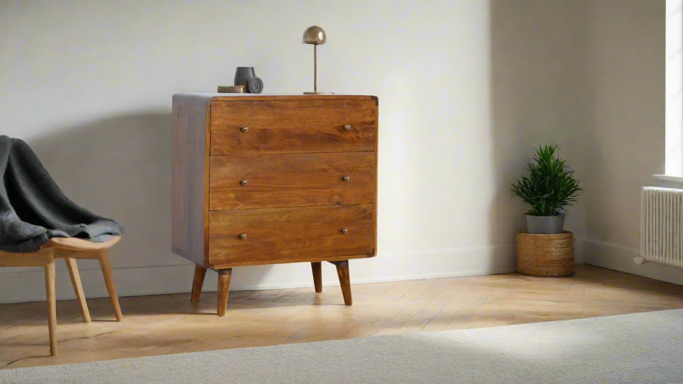 Century handmade solid wood 3 drawer chest of drawers in deep chestnut finish | malletandplane.com