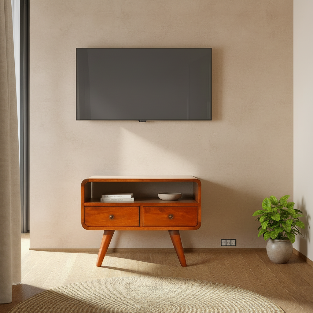 Century mini solid wood TV Stand with 2 drawers and open slot in Deep Chestnut Finish | malletandplane.com