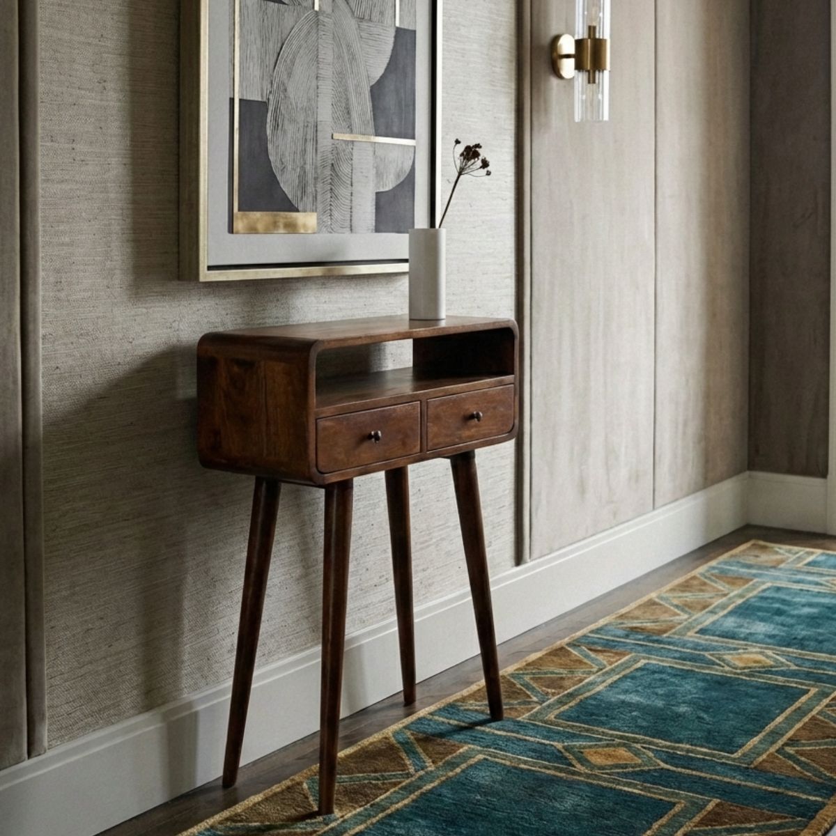 Century Handmade solid wood 2 drawer small console table in deep chestnut finish 