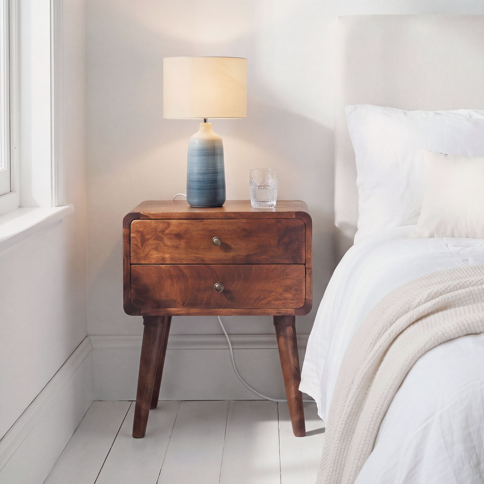 Century solid wood 45cm 2 drawer bedside table in deep chestnut finish