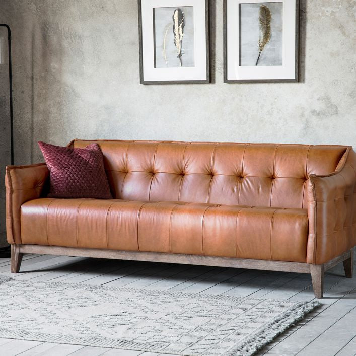 Chase 3 seat sofa in vintage brown leather with deep buttoned detailing and solid ash base and legs | MalletandPlane.com