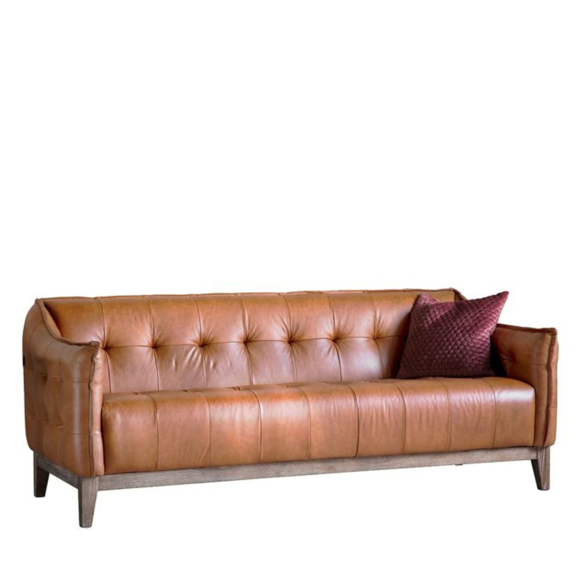 Chase 3 seat sofa in vintage brown leather with deep buttoned detailing and solid ash base and legs | MalletandPlane.com