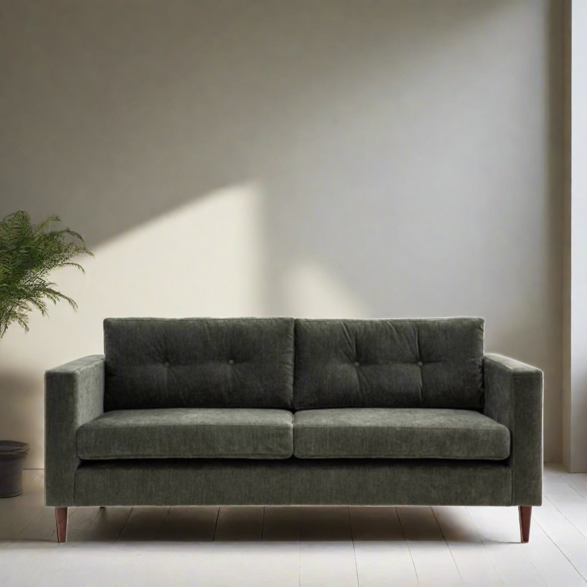 Chelsea contemporary 3 seat sofa in a choice of 3 colours with elegant tapered wooden feet | malletandplane.com