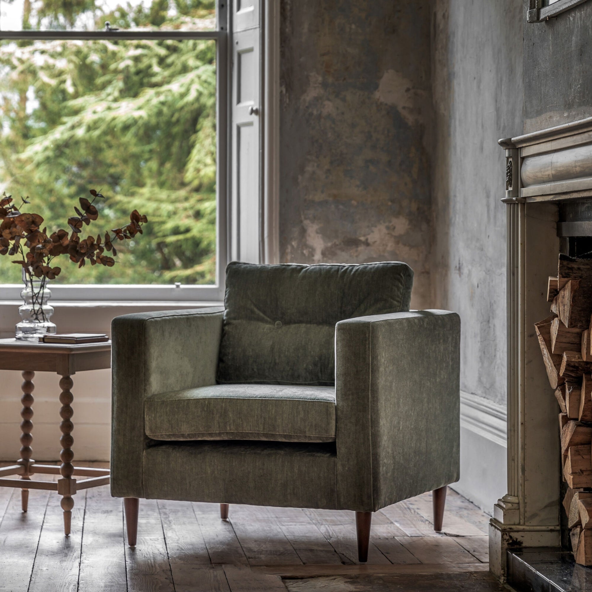 Chelsea contemporary armchair in a choice of 3 colours with elegant tapered wooden feet | malletandplane.com