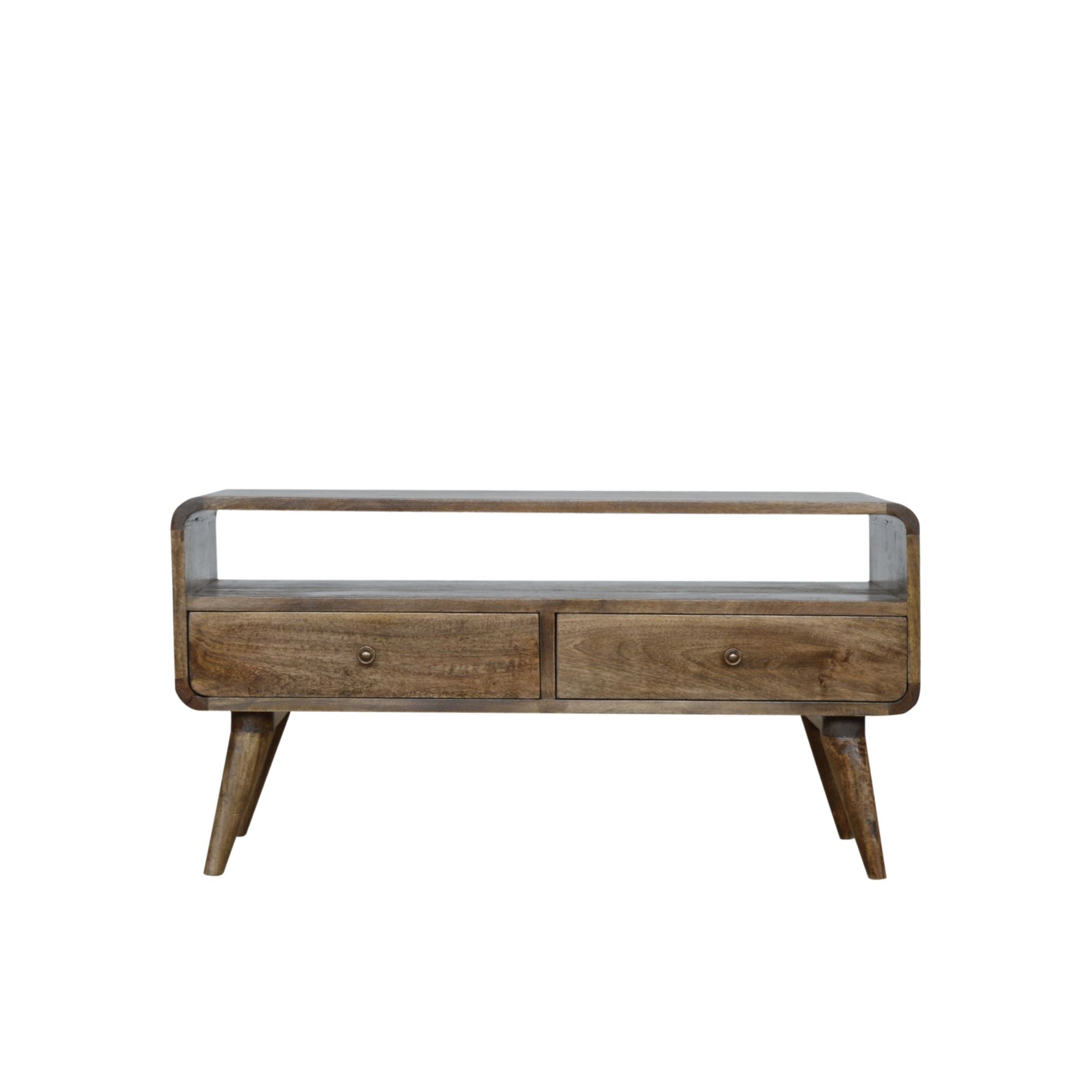 Clapham handmade solid wood TV stand with 2 drawers &amp; open slot in a subtle grey wash finish | malletandplane.com