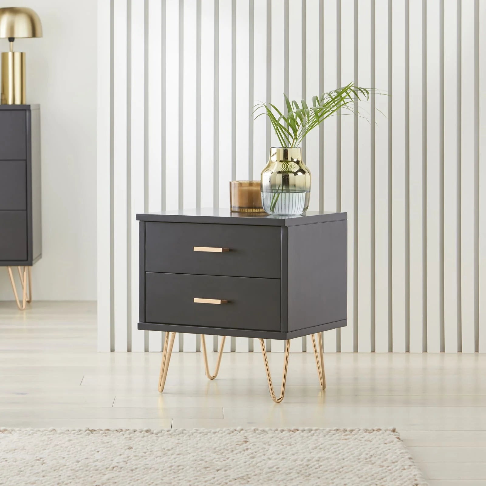 Monroe black painted solid wood bedside table with 2 drawers and metal hardware | malletandplane.com