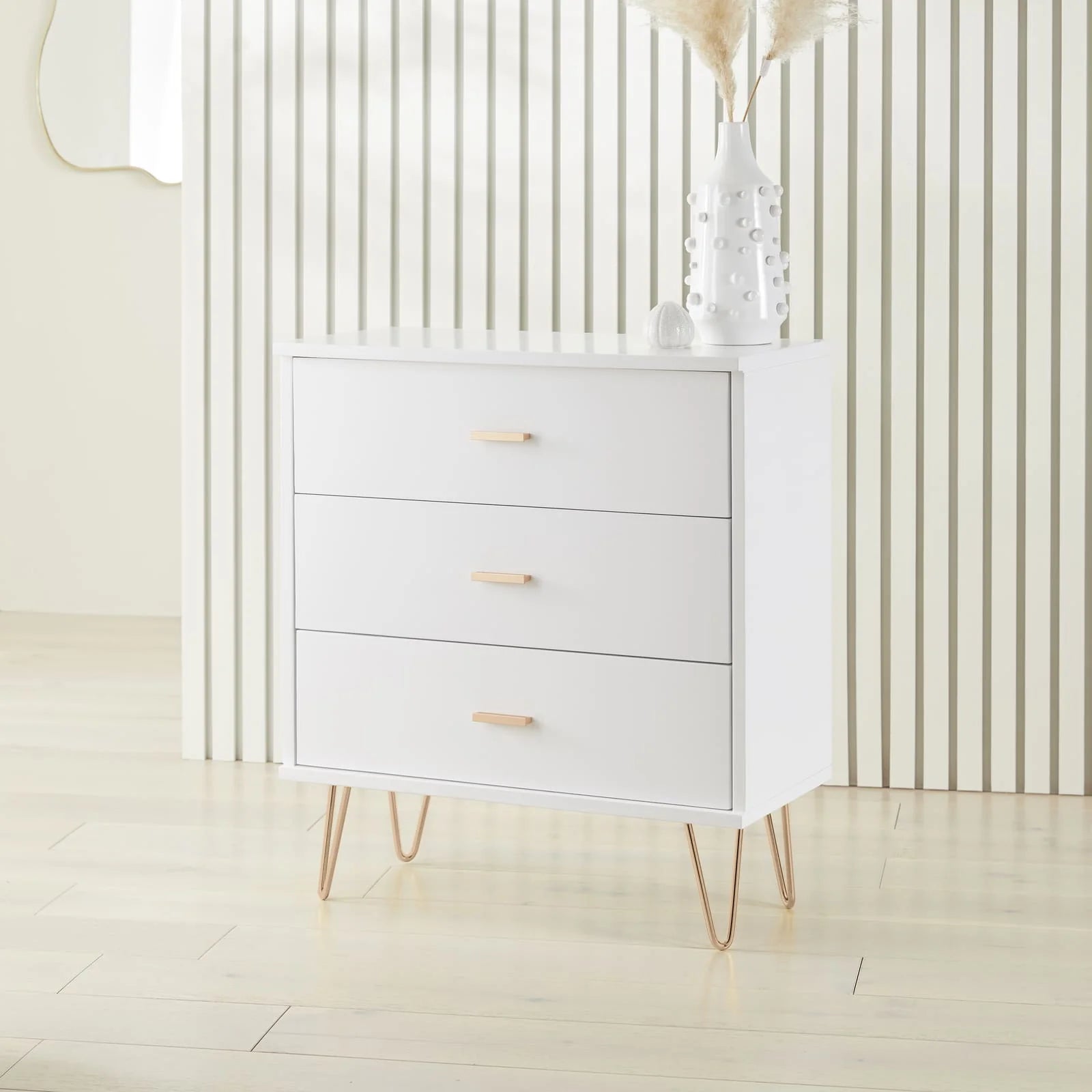 Monroe white painted solid wood chest of drawers with metal hardware | malletandplane.com