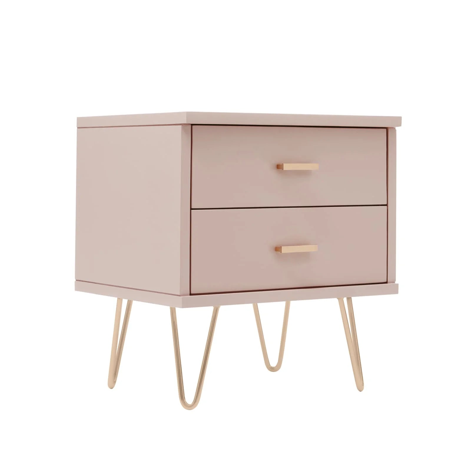 Monroe pink painted solid wood bedside table with 2 drawers and metal hardware | malletandplane.com