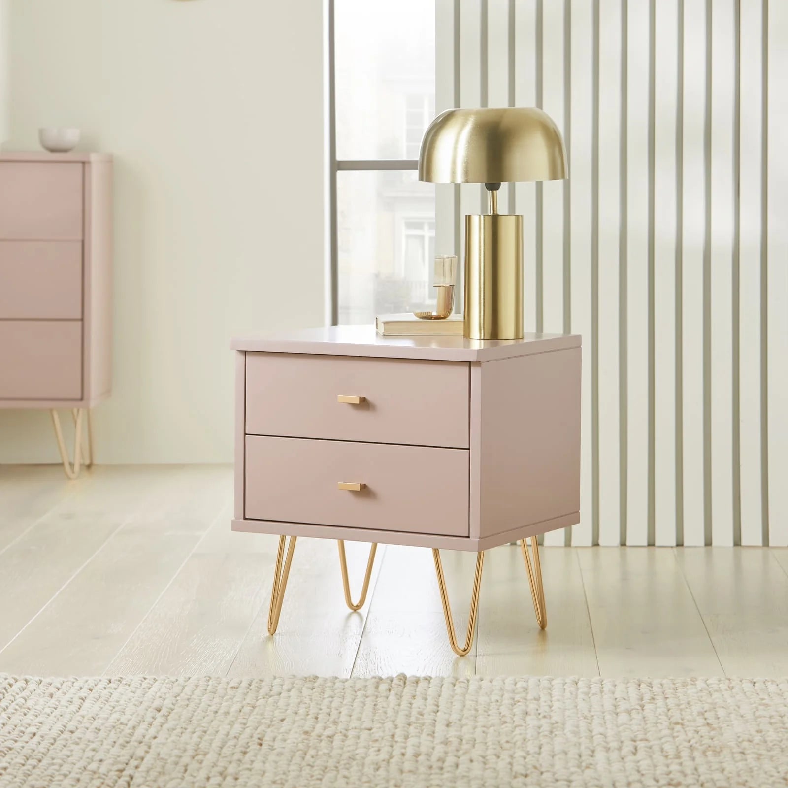 Monroe pink painted solid wood bedside table with 2 drawers and metal hardware | malletandplane.com