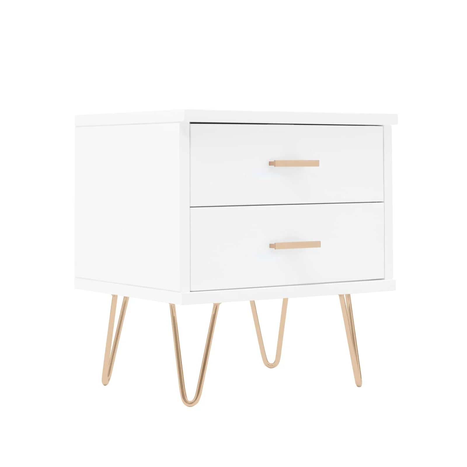 Monroe white painted solid wood bedside table with 2 drawers and metal hardware | malletandplane.com