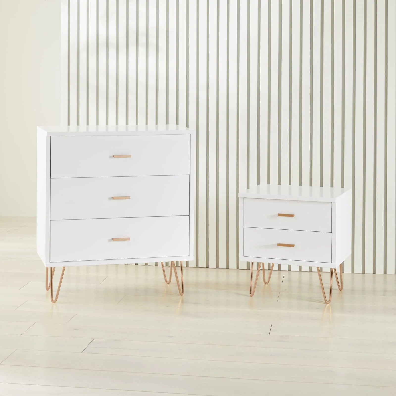 Monroe white painted solid wood bedside table with 2 drawers and metal hardware | malletandplane.com