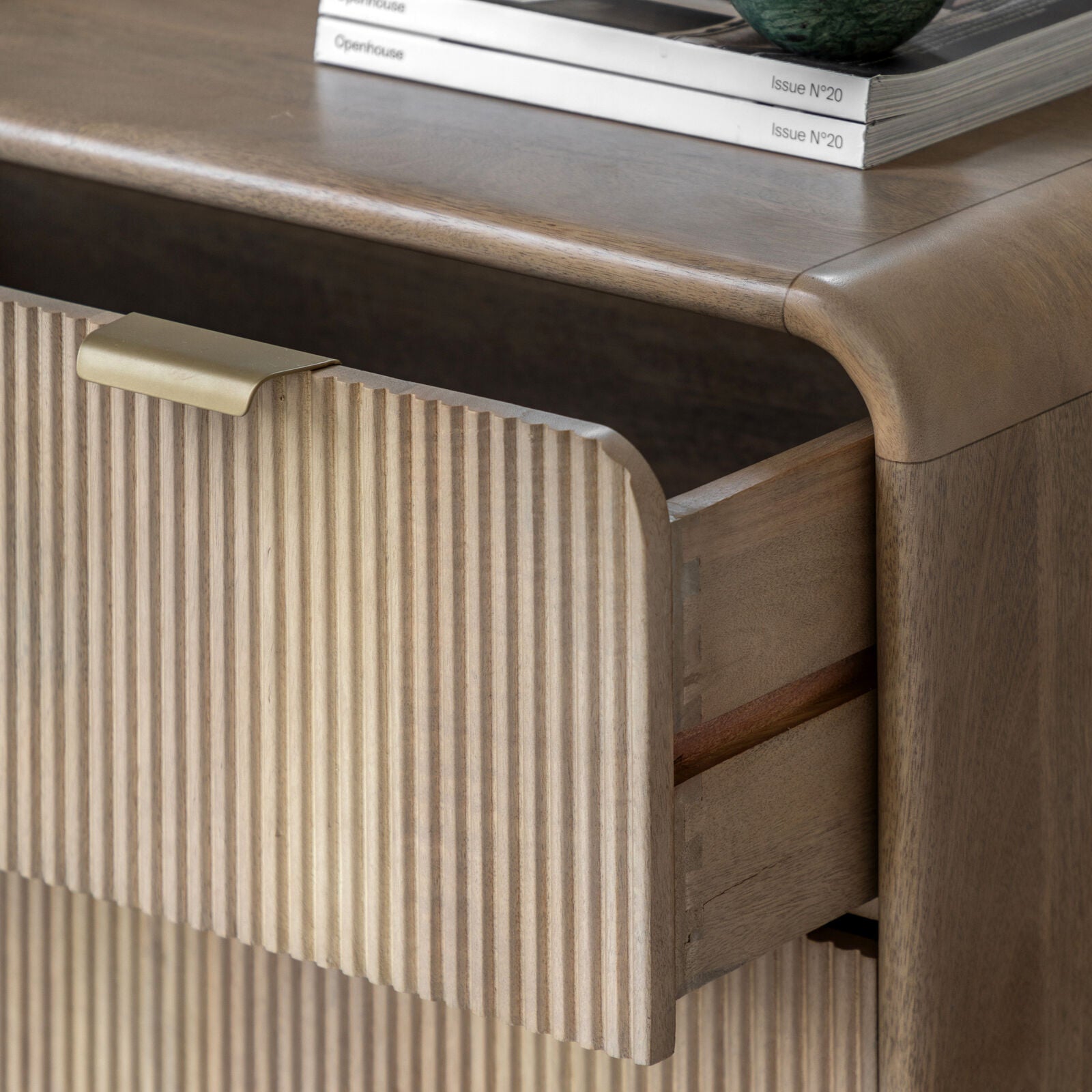 COLONNA mango 3 drawer chest of drawers with fluted details and brass hardware | malletandplane.com