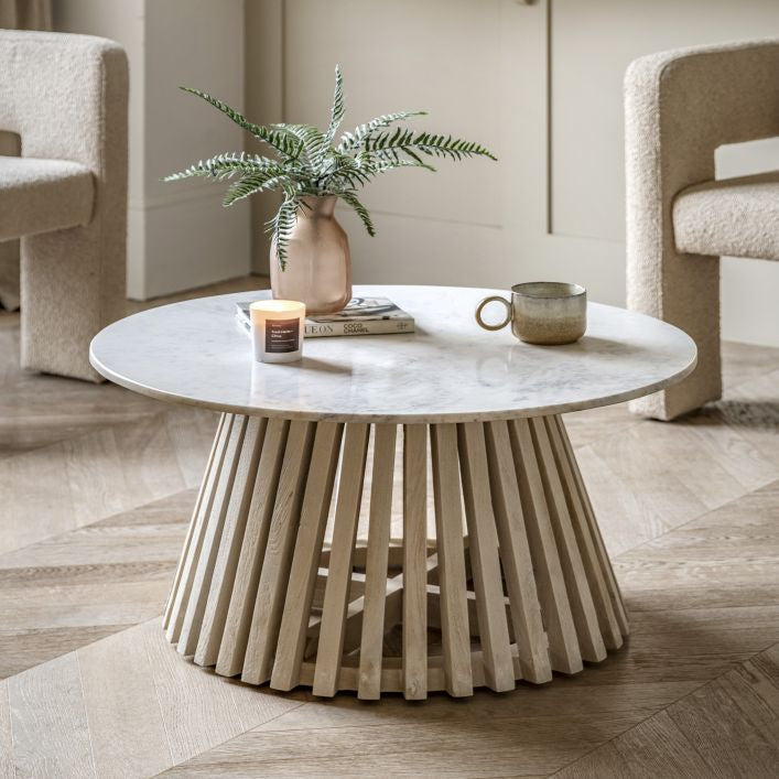 Compton mango wood and white marble round coffee table | malletandplane.com