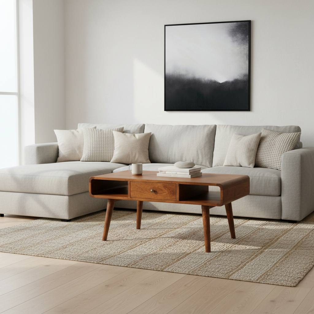 CENTURY Wood Coffee Table in deep chestnut finish with drawers and open storage slots | malletandplane.com