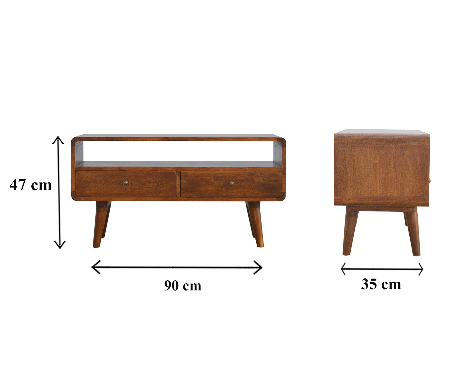 Century handmade wooden TV stand with 2 drawers in deep chestnut finish  | malletandplane.com 