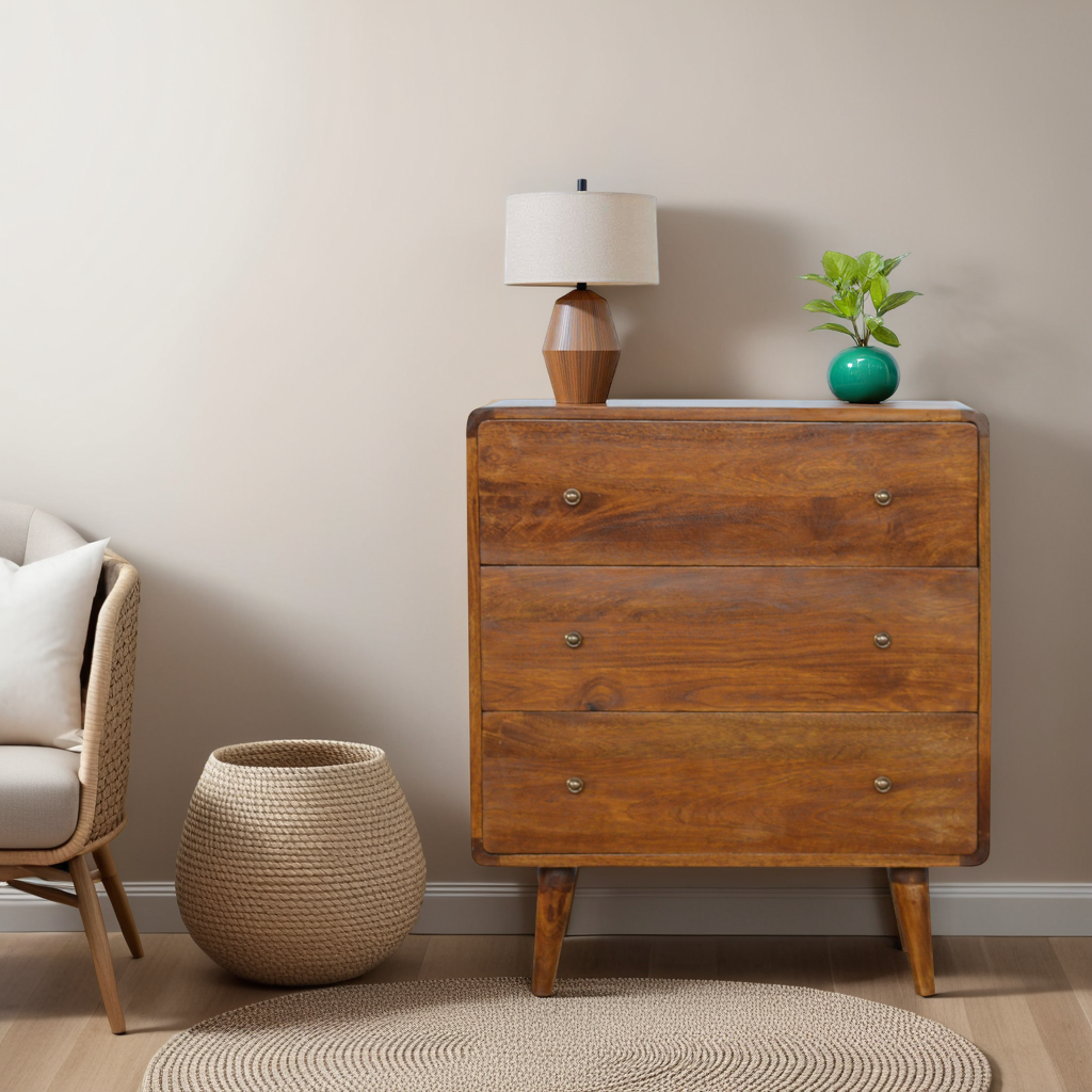 Century handmade solid wood 3 drawer chest of drawers in deep chestnut finish | malletandplane.com