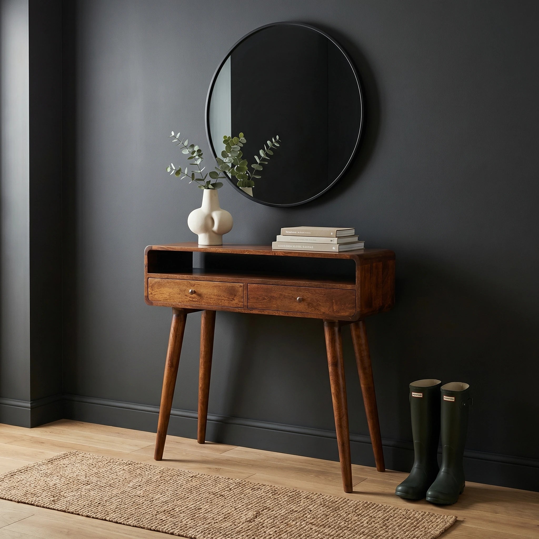 Century Handmade Solid Wood Curved Edge Slim Console Table with Drawers and an Open Storage Shelf in a Deep Chestnut Finish