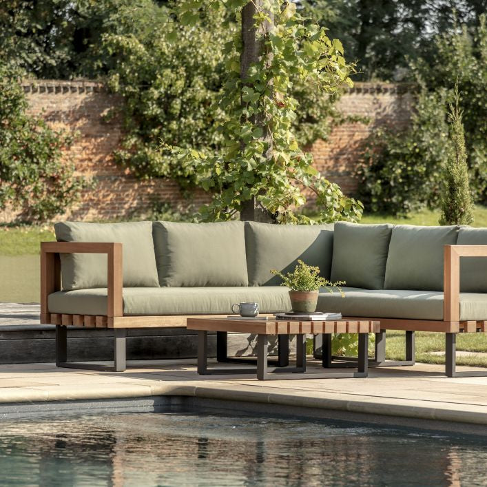 Capri 3 piece outdoor lounge set in natural eucalyptus with green cushions | malletandplane.com