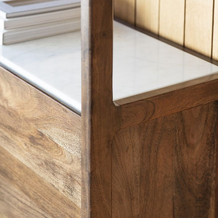 Fresca storage shelves with 2 door cupboard finished in walnut with a white marble panel| malletandplane.com