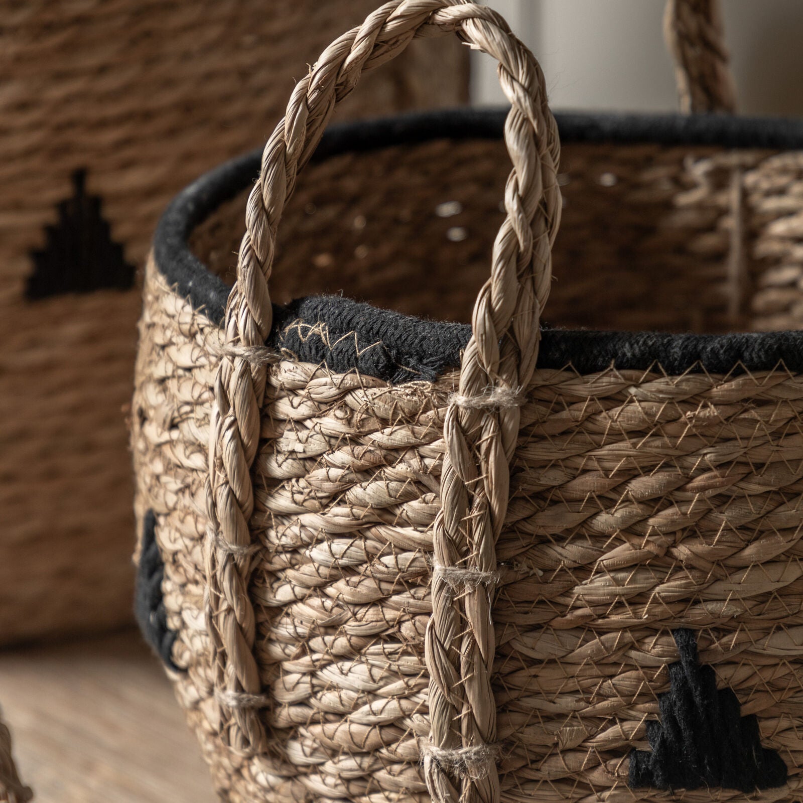 Drum set of 3 handwoven seagrass baskets with black stiched detailing | malletandplane.com