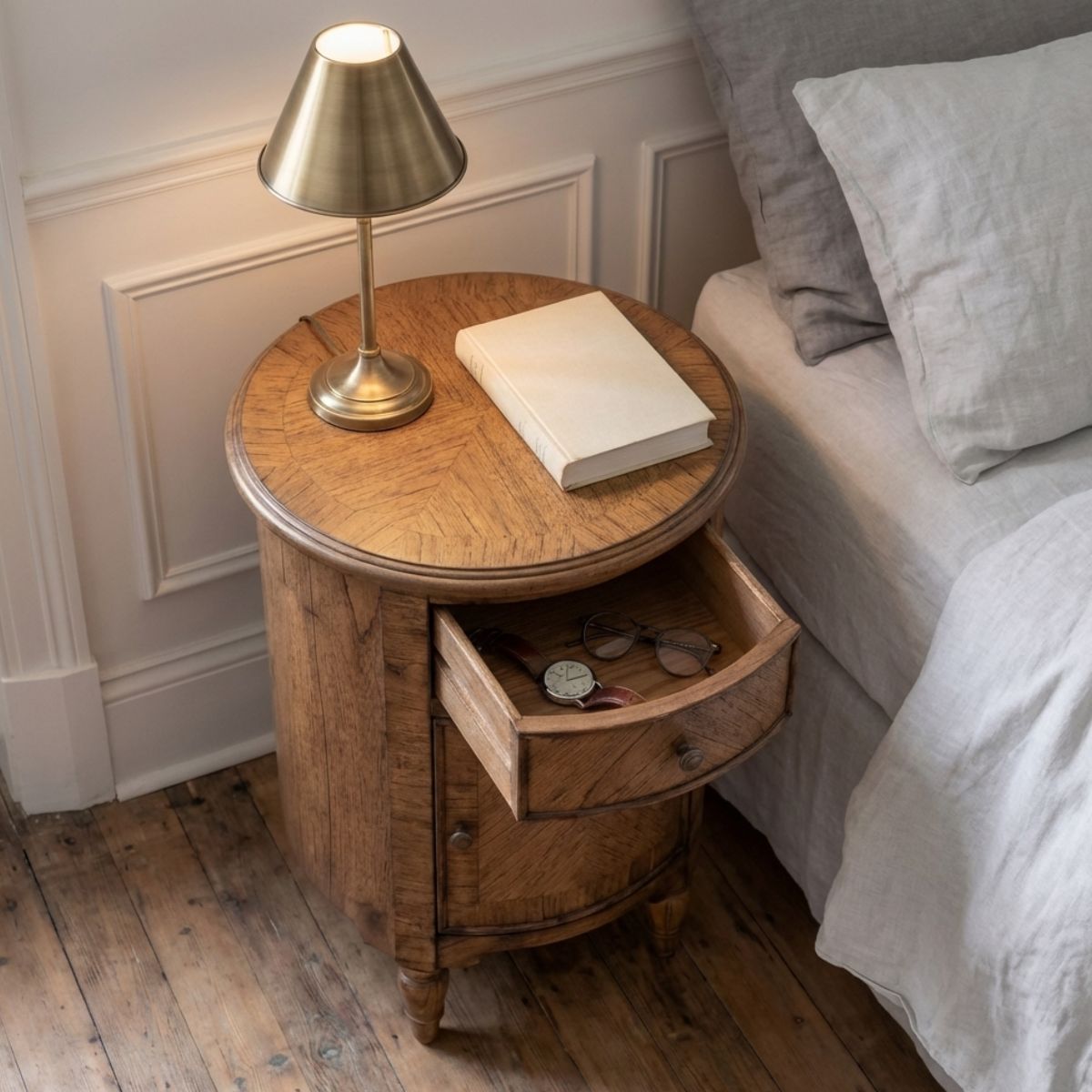 Round Wooden Bedside Table with Drawer & Cupboard and mini wood marquetry finish – 45cm – Elvet