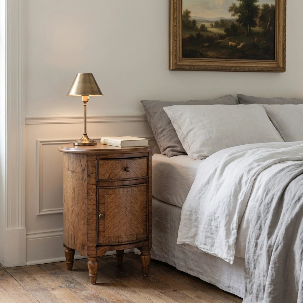 Round Wooden Bedside Table with Drawer & Cupboard and mini wood marquetry finish – 45cm – Elvet