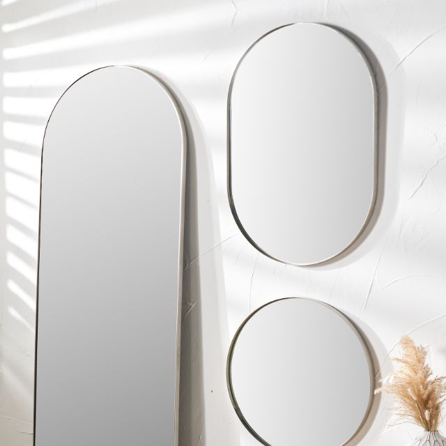 EVELYN Brushed Silver Metal Slim Frame Oval Wall Mirror | malletandplane.com