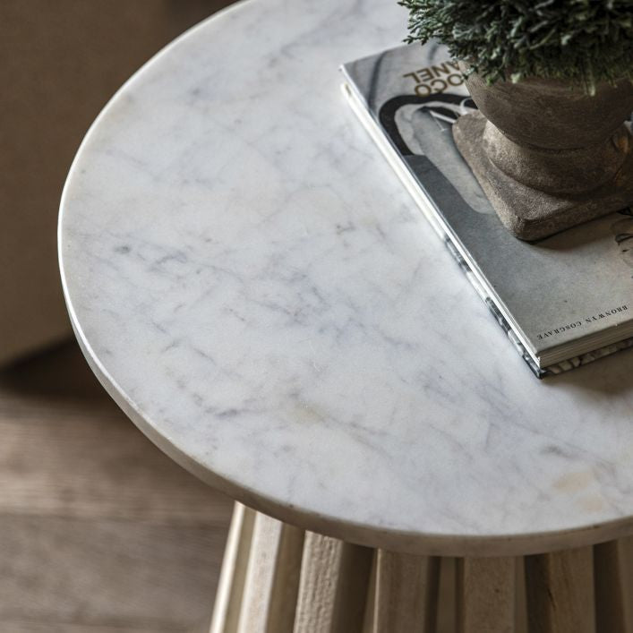 Compton mango wood and white marble round side table | malletandplane.com