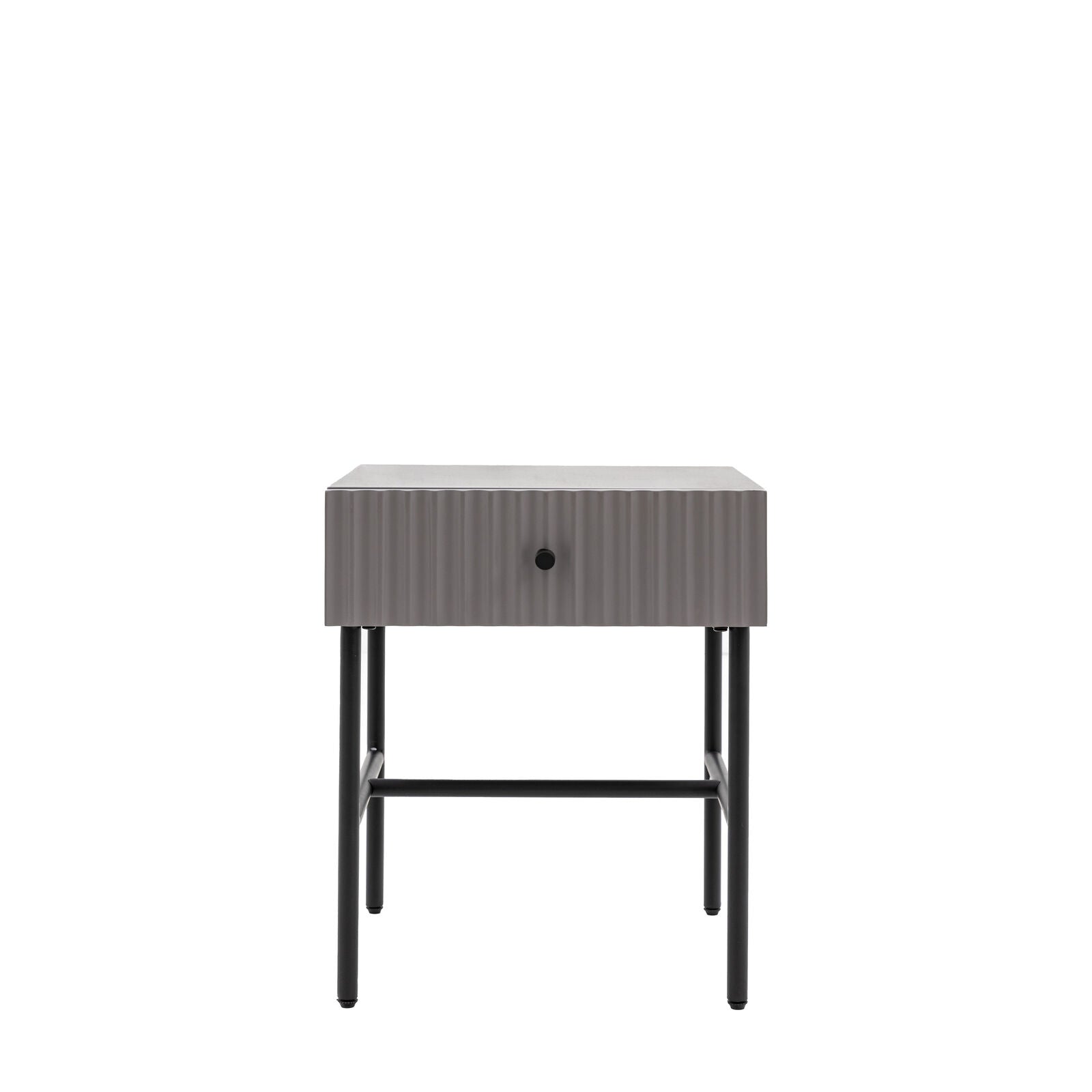 Flute bedside table with drawer in grey finish with scalloped fascia and black metal underframe | malletandplane.com