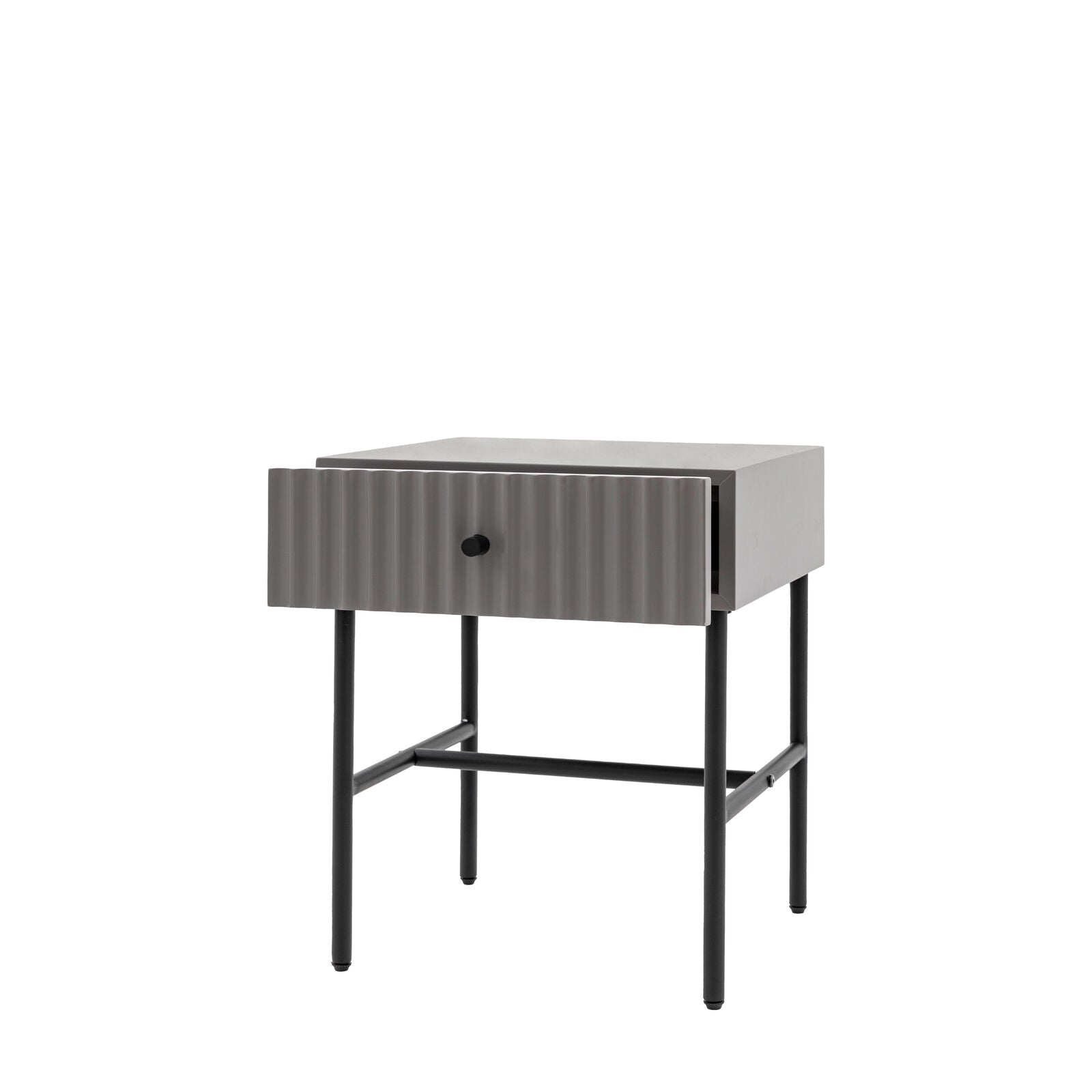 Flute bedside table with drawer in grey finish with scalloped fascia and black metal underframe | malletandplane.com