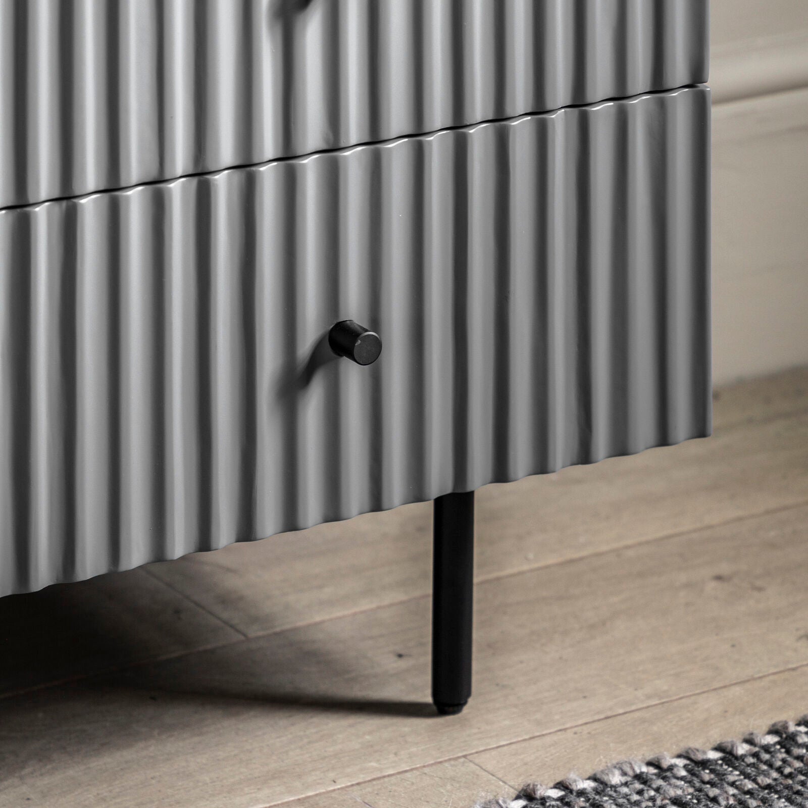 Flute Grey painted Chest of Drawers with scalloped fascia and black metal underframe | malletandplane.com