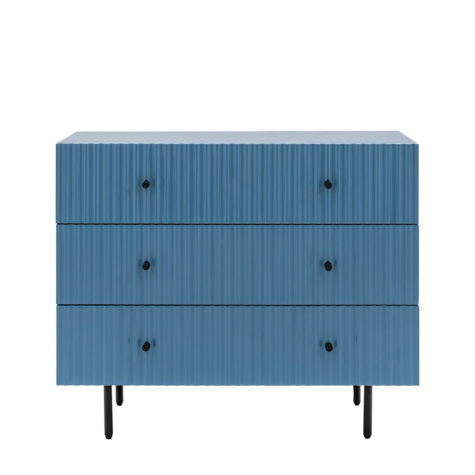 Flute Blue painted Chest of Drawers with scalloped fascia and black metal underframe | malletandplane.com