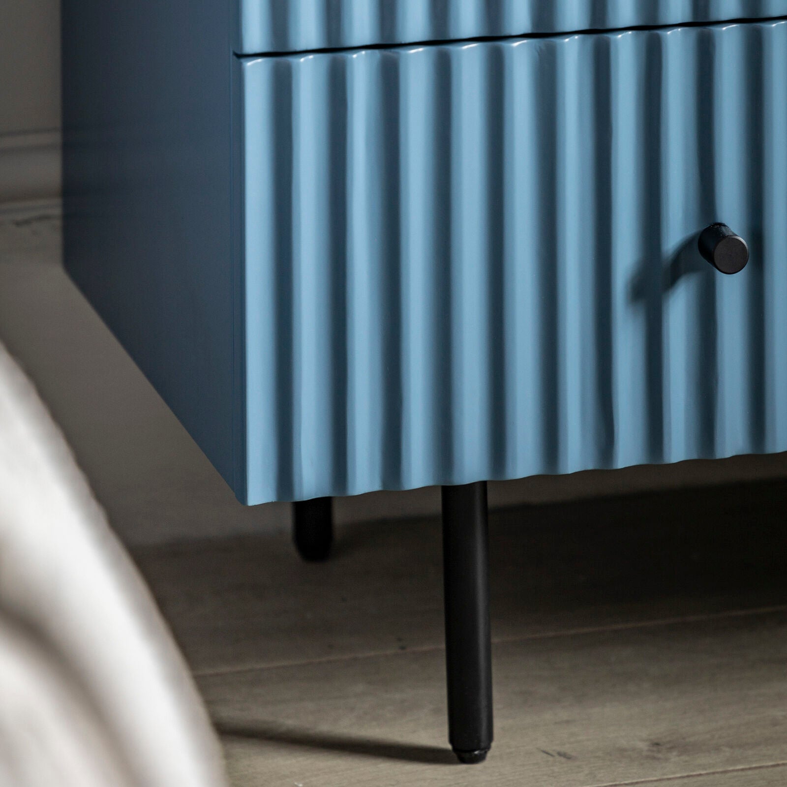 Flute Blue painted Chest of Drawers with scalloped fascia and black metal underframe | malletandplane.com