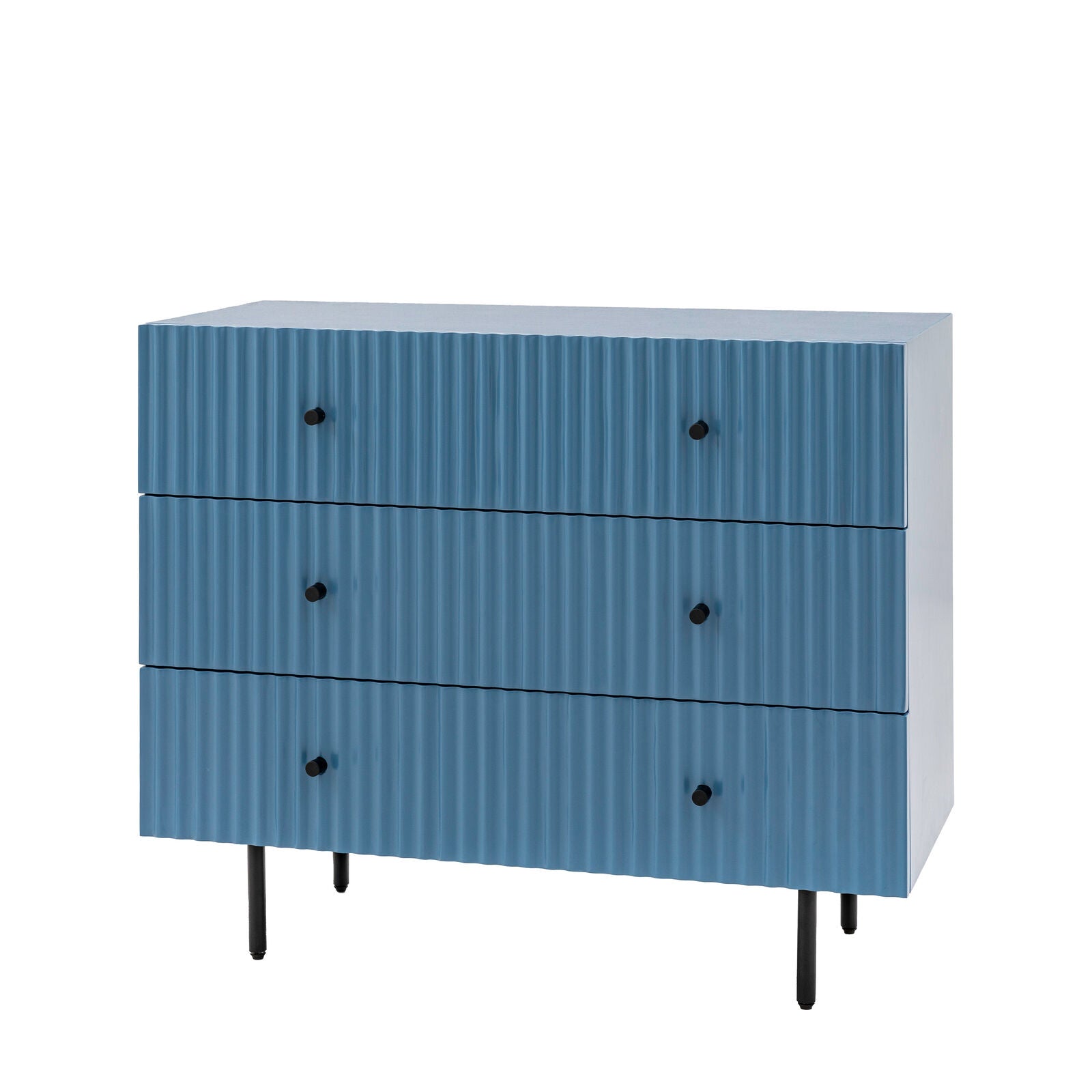 Flute Blue painted Chest of Drawers with scalloped fascia and black metal underframe | malletandplane.com