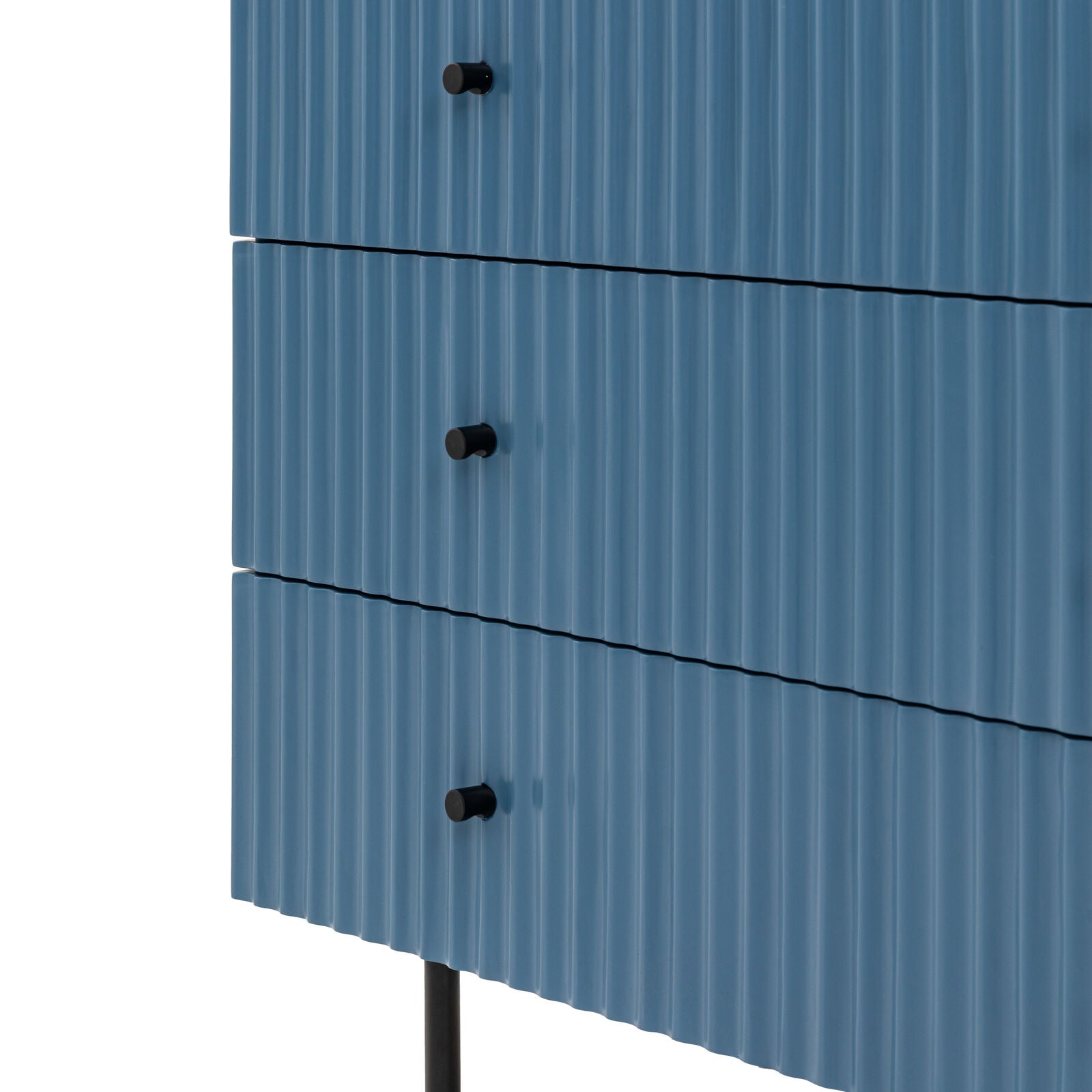 Flute Blue painted Chest of Drawers with scalloped fascia and black metal underframe | malletandplane.com