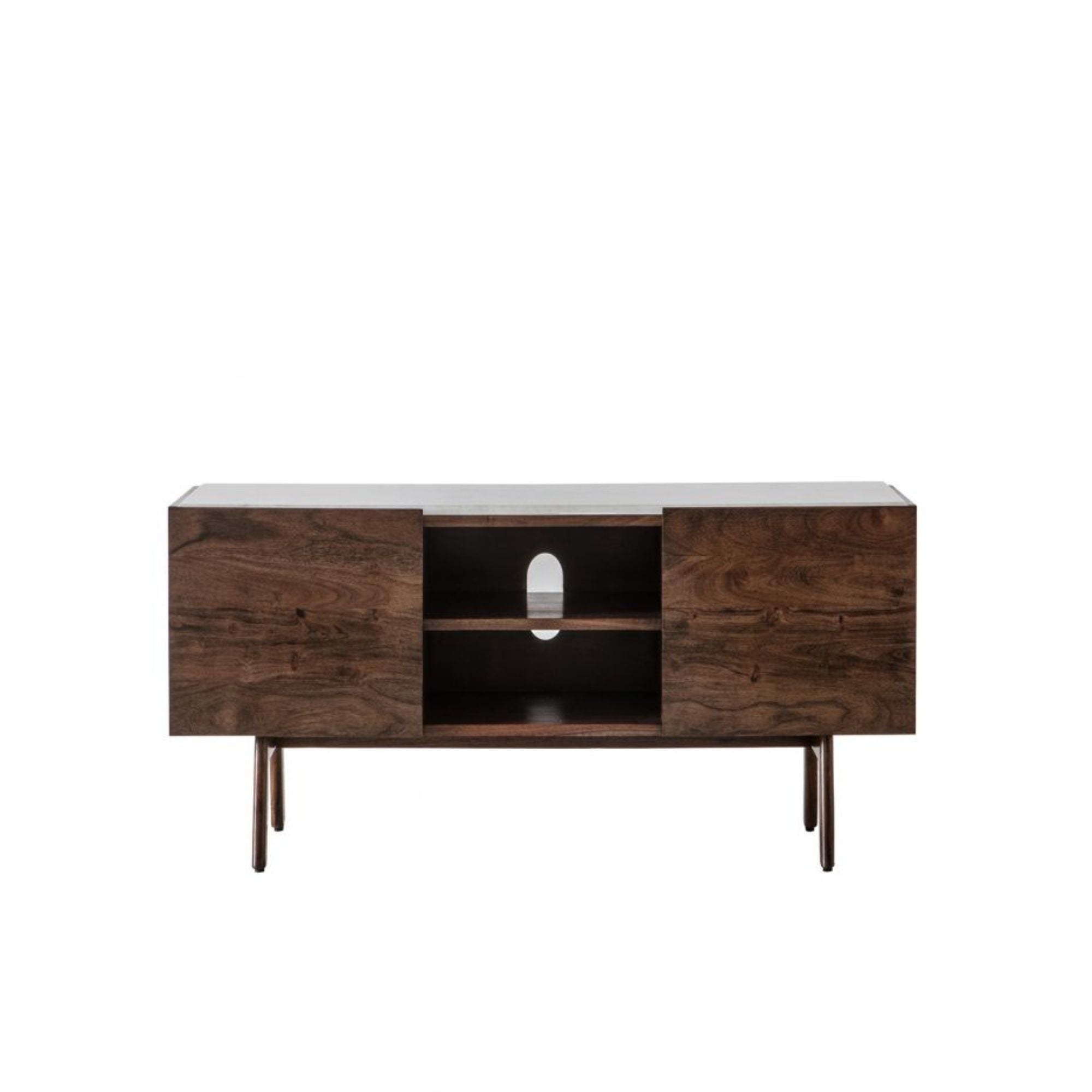 Fresca media unit / TV stand in walnut with white marble top | MalletandPlane.com