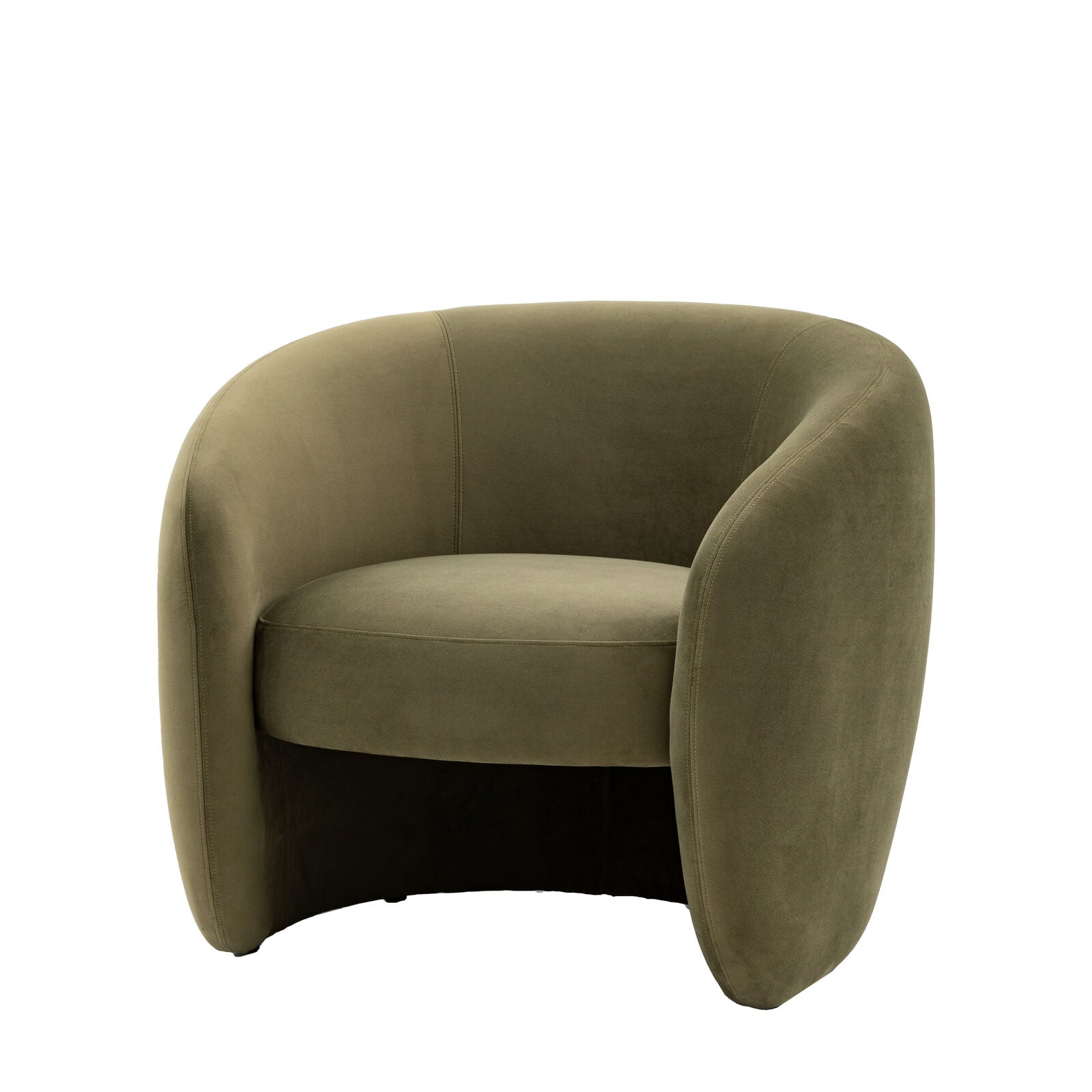 Sofia curved retro style armchair in moss green, espresso grey or soft cream fabric | malletandplane.com