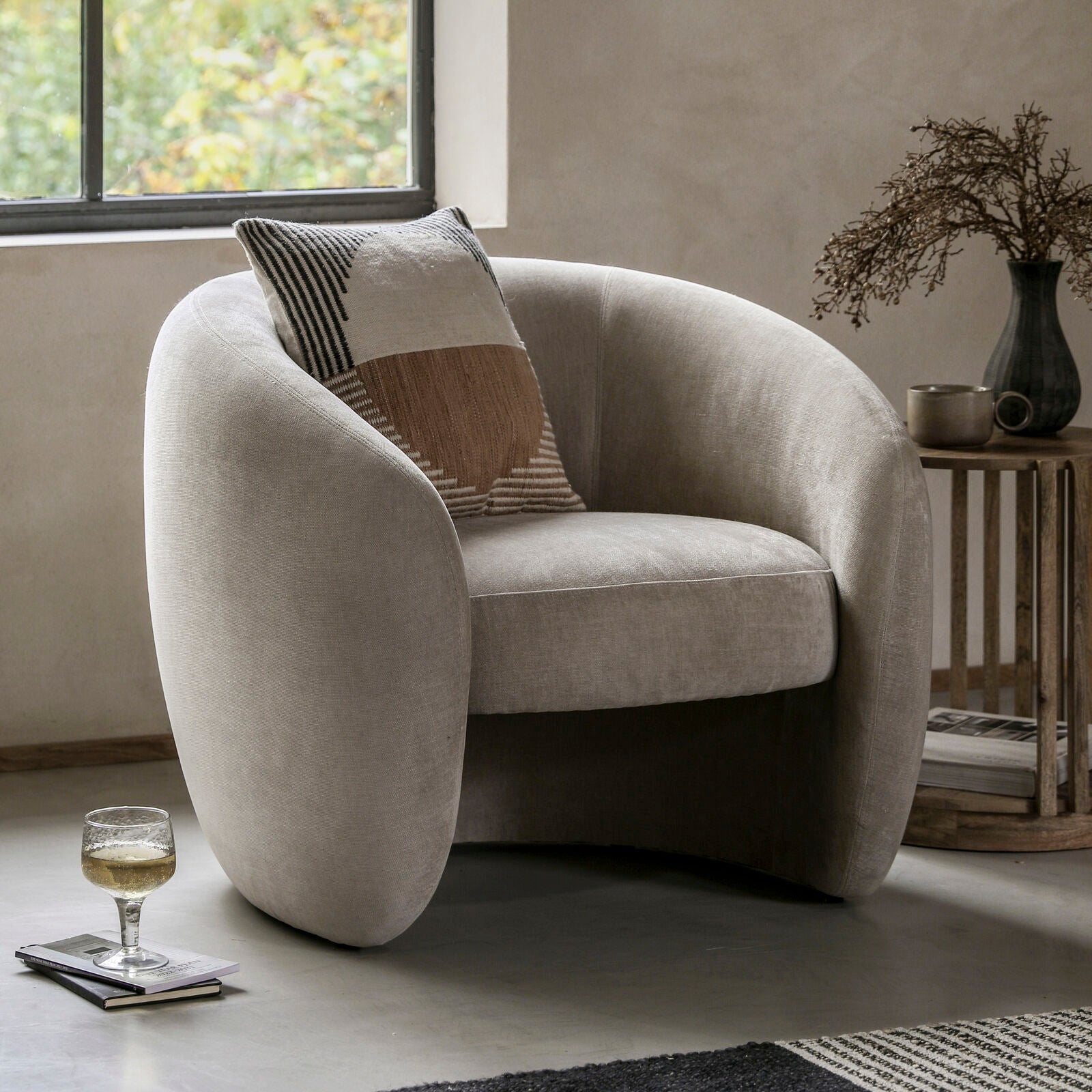 Sofia curved retro style armchair in moss green, espresso grey or soft cream fabric | malletandplane.com