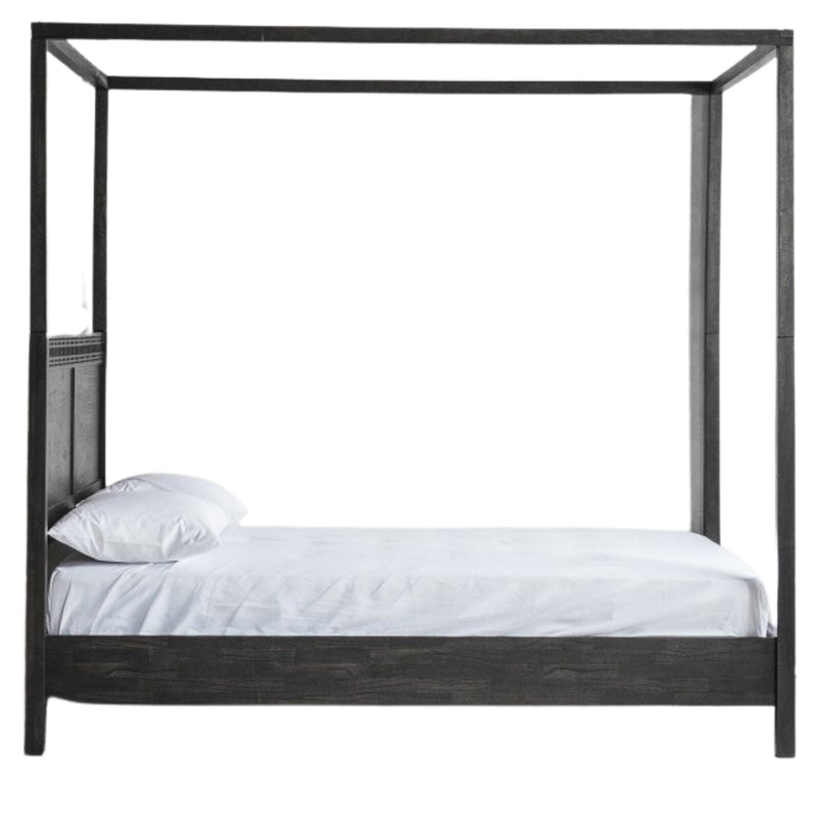 Laylah king size 4 poster bed frame in charcoal black with inlaid detailing | malletandplane.com