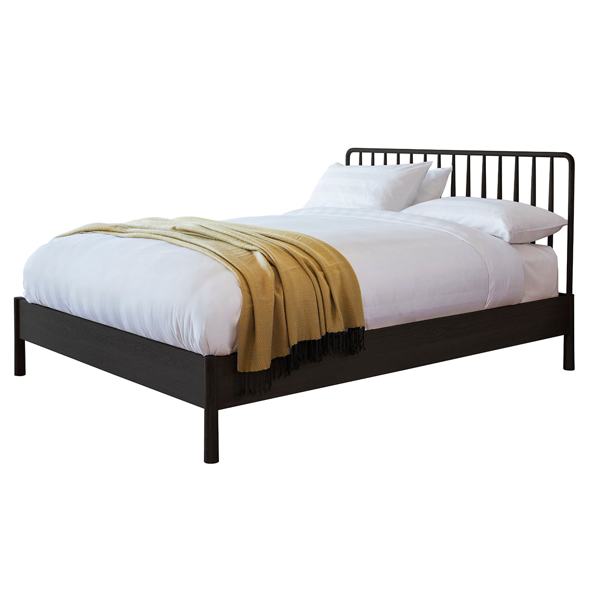 Axel black oak double bed with spindle details in cernacular style | malletandplane.com