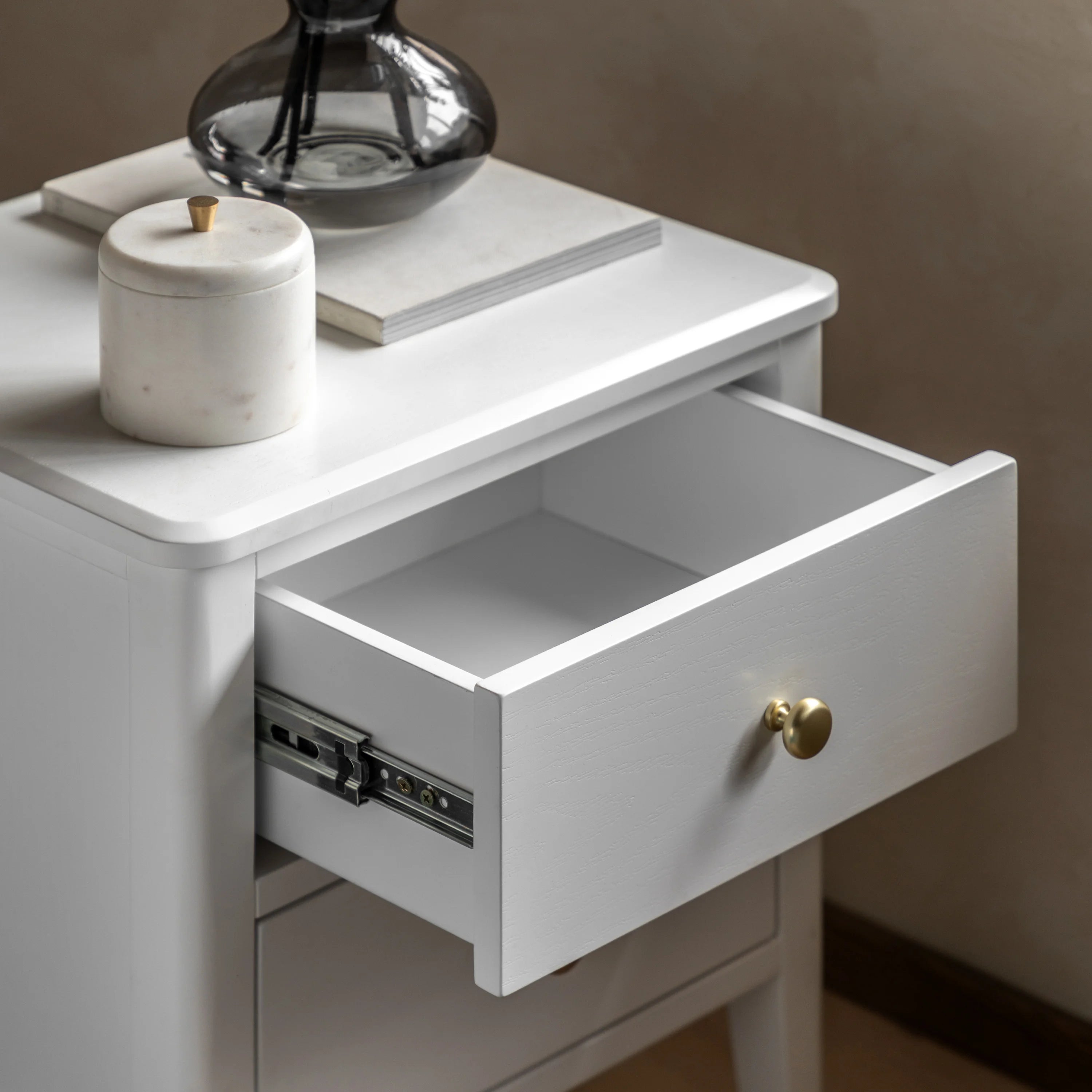 Modern White Bedside Table with 2 Drawers | Gold Handle Nightstand